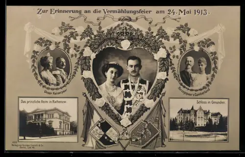 AK Rathenow, Vermählungsfeier 1913, Kaiserpaar, Herzogspaar v. Cumberland, Schloss Gmunden, Prinzliche Heim, Wappen