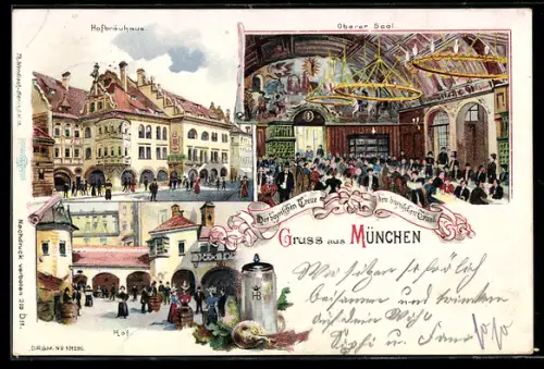 Lithographie Münchner Hofbräuhaus mit Oberen Saal und Hof