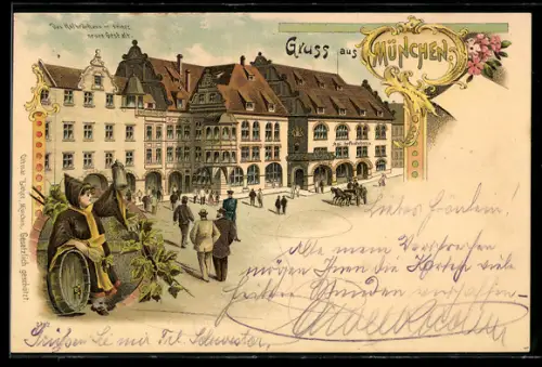 Lithographie Münchner Hofbräuhaus, Münchner Kindl hebt das Massbier