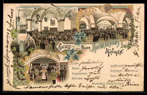 Lithographie München, Münchner Hofbräuhaus mit Innenansicht