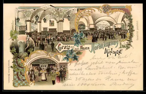 Lithographie München, Münchner Hofbräuhaus mit Innenansicht