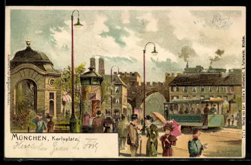 Lithographie München, Ortspartie Karlsplatz