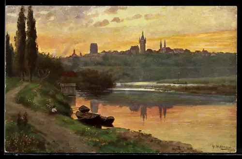 AK Wimpfen am Berg, Ortsansicht mit Fluss und Silhouette im Abendrot