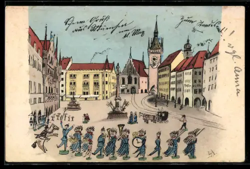 AK Militärparade mit Musik auf dem Marktplatz, Darstellung der Szenerie mit Holzspielzeug