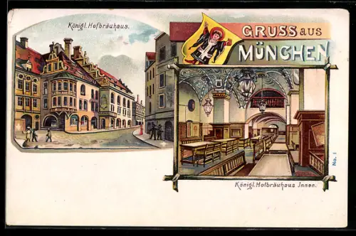 Lithographie München, Innen- und Aussenansicht vom Münchner Hofbräuhaus, Münchner Kindl
