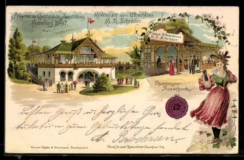 Lithographie Hamburg, Allgemeine Gartenbau-Ausstellung 1897, Restaurant zum Elbschloss, Champagner-Ausschank