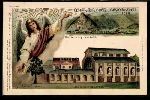 Künstler-Lithographie Oberammergau, Passionspiel 1900, Passionstheater
