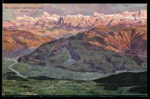 Künstler-AK Rudolf Alfred Höger: Bolzano, le Dolomiti e la pianura di Bolzano