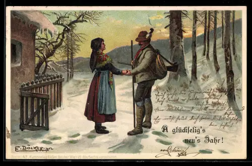 Künstler-Lithographie E. Döcker: Förster hält die Hand seiner Geliebten, Neujahr