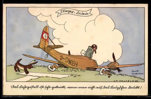 Künstler-AK Unsere Luftwaffe, Flieger-Latein, Fliegerass nach Notlandung, Flugzeug mit  auf dem Leitwerk