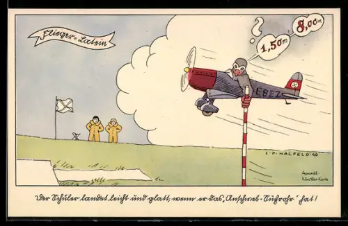 Künstler-AK Flieger-Latein, Der Schüler landet leicht und glatt...., , Humor