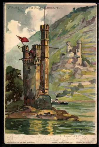 Künstler-AK C. Pfaff: Rüdesheim am Rhein, Mäuseturm und Ruine Ehrenfels