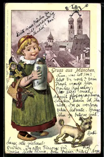 AK München, Mädchen mit Münchnerkindl-Puppe und Hund