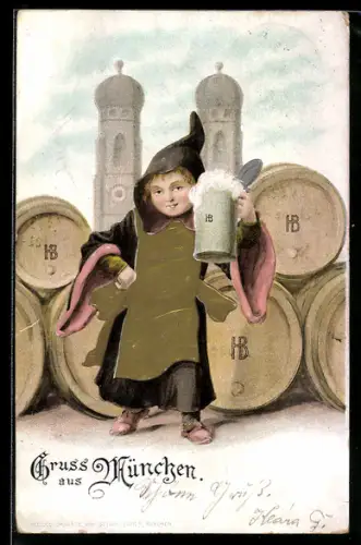 Lithographie München, Münchner Kindl mit Bierkrug vor Frauenkirche