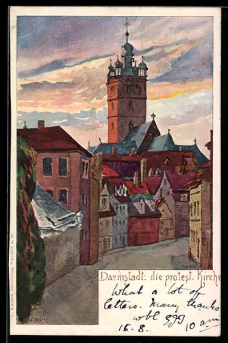 Künstler-AK Darmstadt, Strassenpartie mit Blick zur protest. Kirche