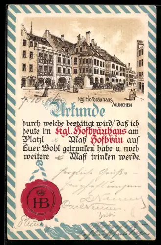 Lithographie München, Münchner Hofbräuhaus am Platzl, Urkunde