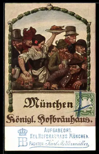 Künstler-AK Ludwig von Zumbusch: München, Königl. Hofbräuhaus, Schankmaid und Zecher