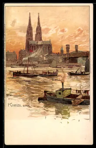 Künstler-AK Manuel Wielandt: Köln, Rheinansicht mit Dom, Schleppkahn