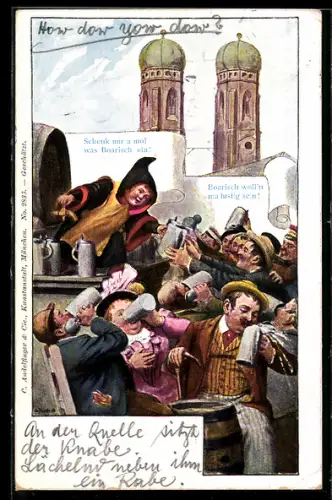 AK Münchner Kindl schenkt Bier vor der Frauenkirche aus