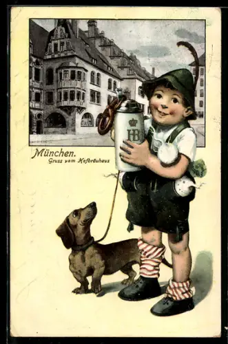 AK München, Hofbräuhaus, Passepartout mit Dackel und kleinem Jungen in Lederhosen