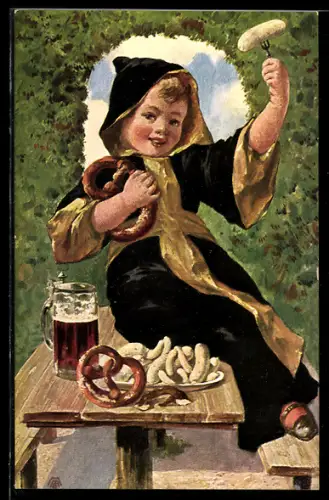 Künstler-AK Münchner Kindl mit Mass, Brezn und Weisswurst