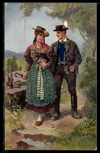 Künstler-AK Unterinntal, Paar in bayerischer Tracht beim Spaziergang