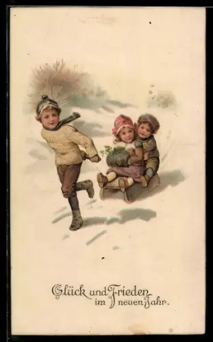 Künstler-AK Mädchen mit Muff und kleiner Junge werden auf dem Schlitten durch den Schnee gezogen
