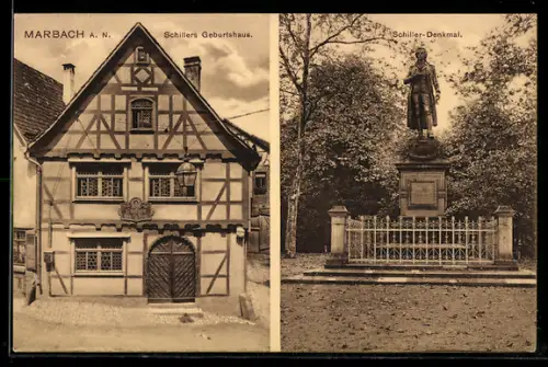 AK Marbach a. N., Schillers Geburtshaus, Schiller-Denkmal
