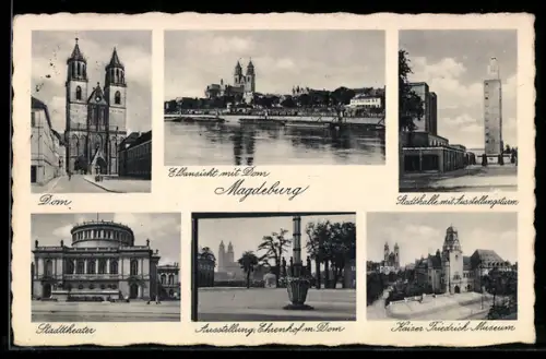 AK Magdeburg, Dom, Stadthalle mit Ausstellungsturm, Kaiser Friedrich Museum