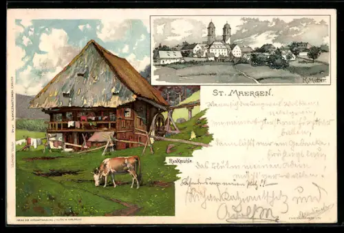Künstler-AK K. Mutter: St. Märgen, Rankmühle und Gesamtansicht