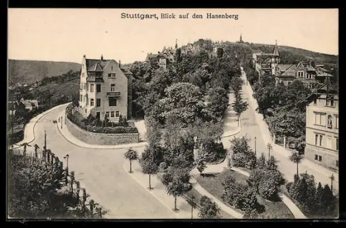 AK Stuttgart, Blick auf den Hasenberg, Strasse am Hasenberg