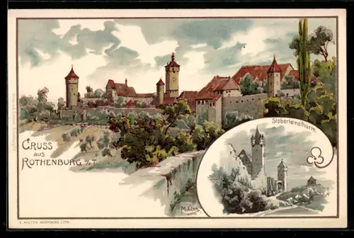 Lithographie Rothenburg o. T., Stadtmauer, Türme, Stöberleinsturm