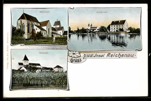 AK Niederzell /Reichenau, Ortspanorama vom Wasser aus, Ortsansichten Ober- u. Mittelzell