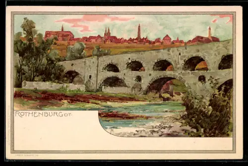 Lithographie Rothenburg o. T., Brücke über die Tauber