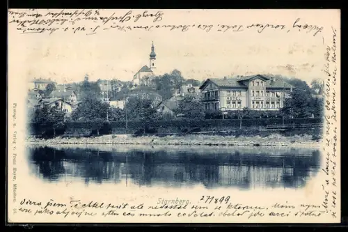 AK Starnberg, Ortsansicht mit Kirche und Häusern am See