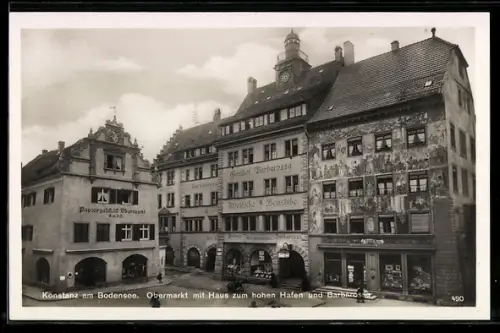 AK Konstanz am Bodensee, Obermarkt mit Haus zum hohen Hafen und Barbarossa