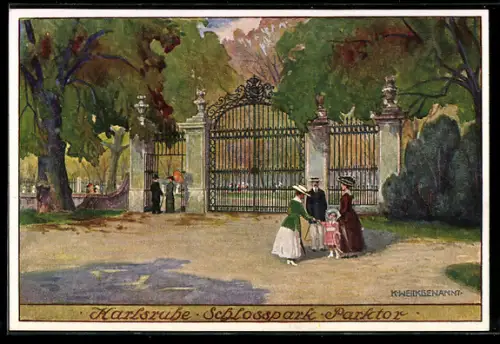 Künstler-AK sign. K. Weilkgenannt: Karlsruhe, Schlosspark, Parktor