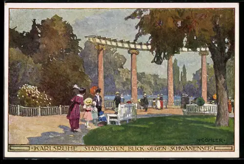 Künstler-AK sign. H. Göhler: Karlsruhe, Stadtgarten, Blick gegen Schwanensee