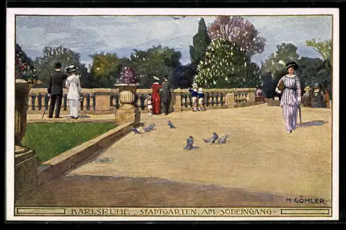 Künstler-AK sign. H. Göhler: Karlsruhe, Stadtgarten, am Südeingang