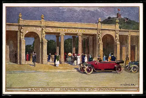 Künstler-AK sign. H. Göhler: Karlsruhe, Stadtgarten Süd-Eingang