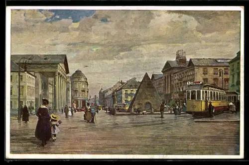 Künstler-AK sign. H. Göhler: Karlsruhe, Marktplatz, Pyramide, Strassenbahn
