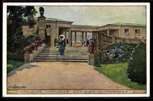 Künstler-AK sign. H. Göhler: Karlsruhe, Stadtgarten, Blick gegen Hauptbahnhof