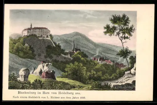 Künstler-AK sign. L. Richter: Blankenburg im Harz, Schloss, Ortsansicht, Heidelbergblick