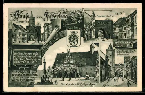 Künstler-AK Jüterbog, Damm-Tor, Neumarkt-Tor, Marktplatz mit Rathaus