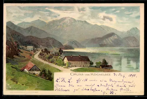 Künstler-AK Kochel am See, Kochelsee, Seepanorama mit Bergen und Häusern