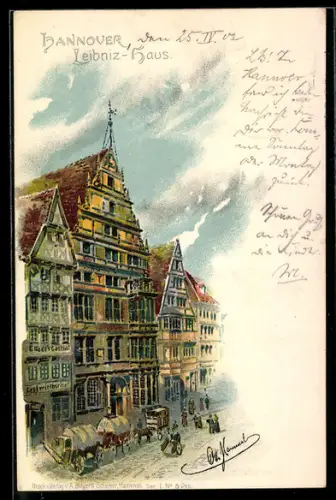 Lithographie Hannover, Strassenpartie am Leibnitz-Haus