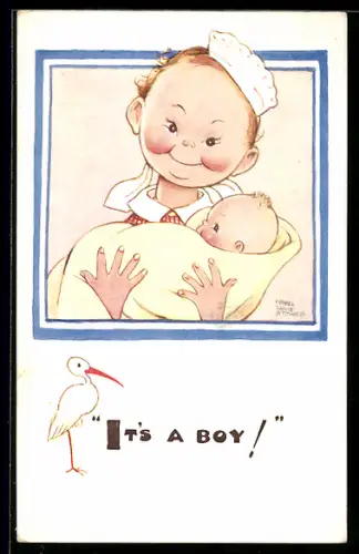 Künstler-AK Mabel Lucie Attwell: Mädchen mit Haube hält Baby im Arm, Storch, It`s a boy!