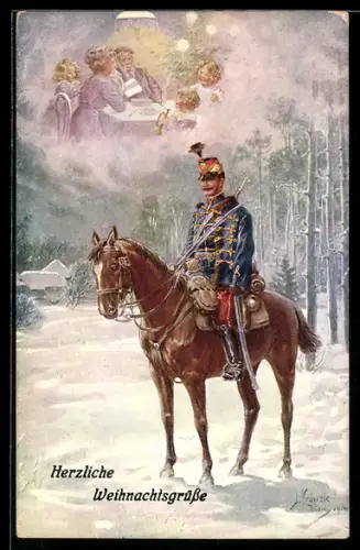 Künstler-AK Kränzle: Stilles Heimgedenken, Österr. Husar im Schnee