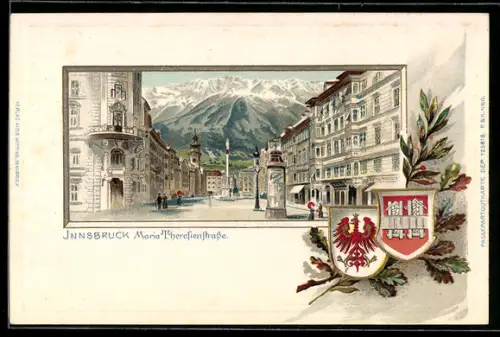 Lithographie Innsbruck, Partie an der Maria-Theresienstrasse mit Wappen