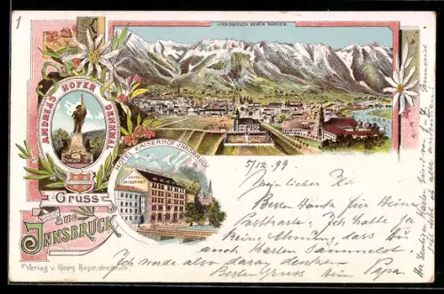 Lithographie Innsbruck, Gesamtansicht, Andreas Hofer Denkmal, Hotel Kaiserhof
